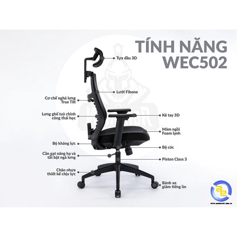 Ghế Văn Phòng Công Thái Học WEC502, Chống Đau Mỏi Lưng Tay Gấp Nệm Lưới Tựa Đầu Cao Cấp