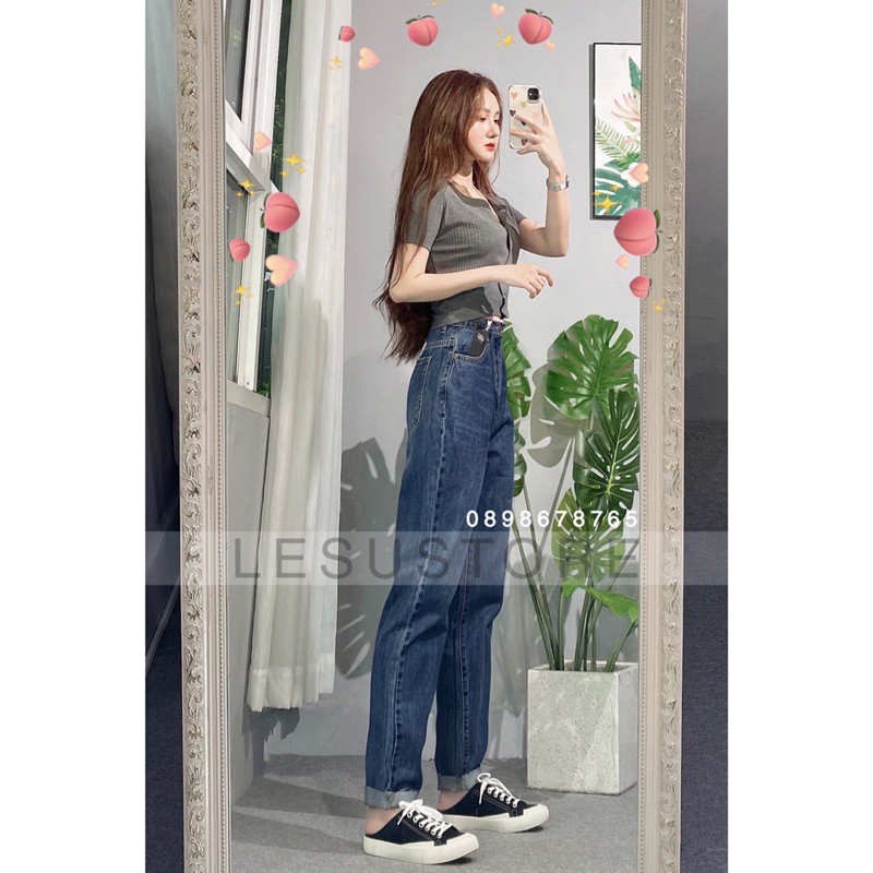 ẢNH TỰ CHỤP Quần Momjeans trơn lưng cao lai cắt