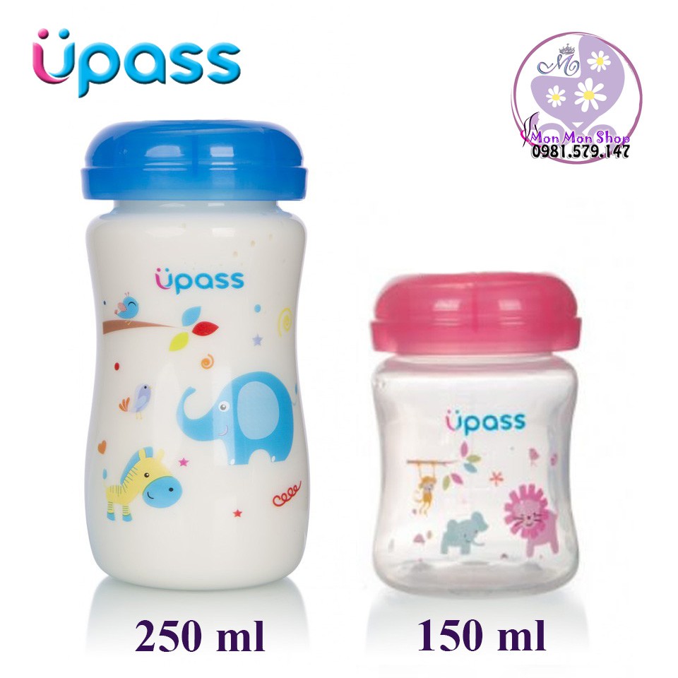 Bình trữ sữa Upass cổ rộng 150ml/ 250ml có thể gắn thêm núm ti nhựa PP không BPA