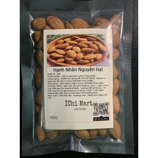 Hạt Hạnh Nhân 100g,Hạt sấy khô, Nguyên liệu là kẹo hạt,Nougat,nhân bánh nướng …