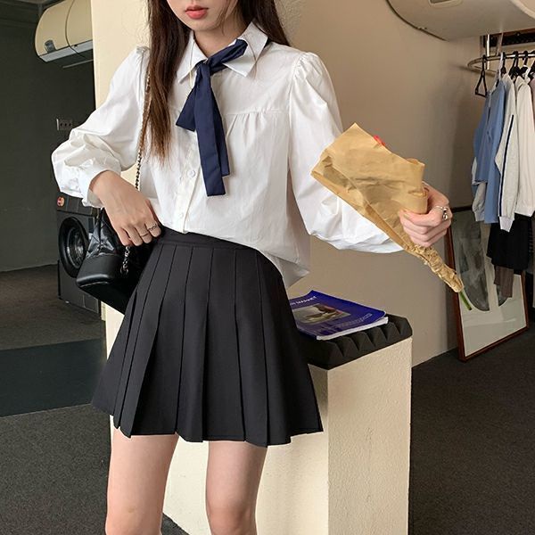 Áo sơ mi màu trơn dài tay thắt nơ xinh xắn thời trang Hàn Quốc cho nữ