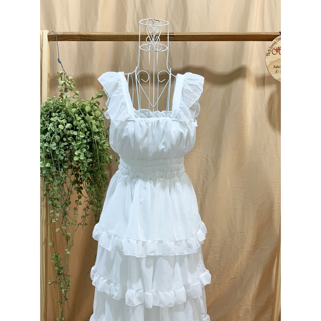 Đầm Maxi Xoè Trắng Tiểu Thư 2 Dây Trễ Vai Nhún Eo Đi Biển Siêu Sang Ulzzang