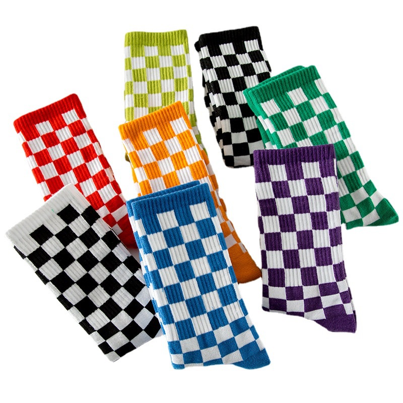 Vớ Cotton Cao Cổ Co Giãn Tốt Họa Tiết Ô Vuông Phong Cách Mới