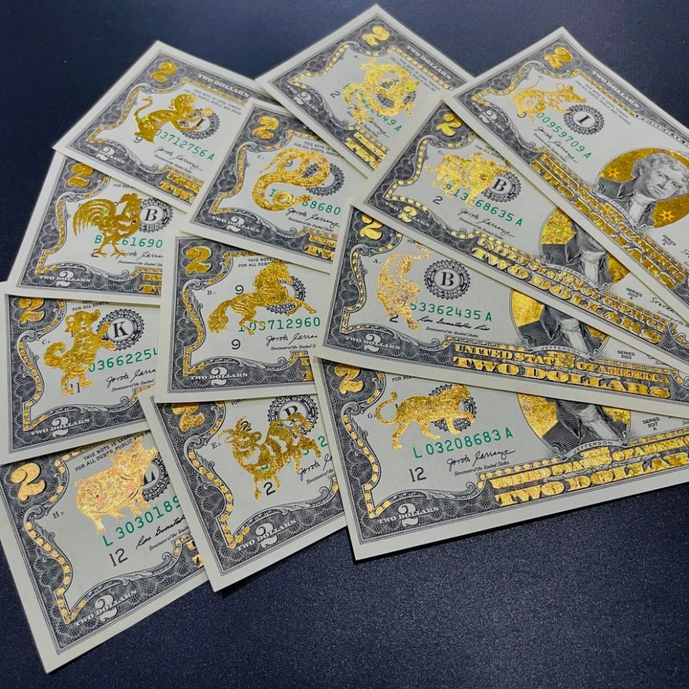 Tờ 2 Đô, 2 USD In Hình 12 Con Giáp Mạ Vàng 3D Kỷ Niệm Làm Quà Tặng, Sưu Tầm, Trang Trí để bóp ví ốp lưng điện thoại
