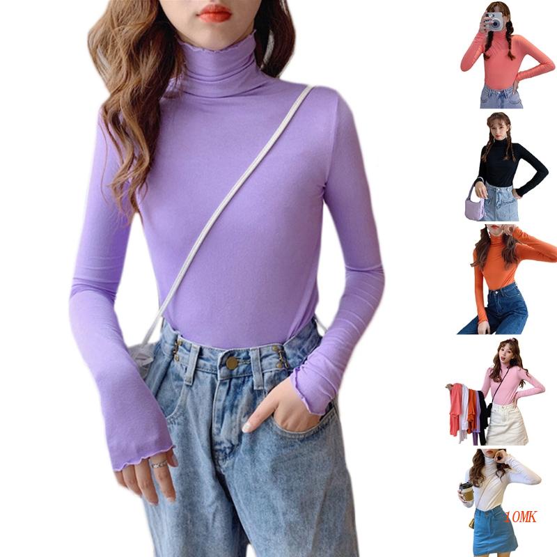 Áo Thun Tay Dài Cổ Lọ 10MK Màu Sắc Đơn Giản Phong Cách Hàn Quốc Cho Nữ