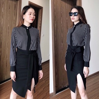 Váy bút chì tà xẻ thắt nơ giả bigsize