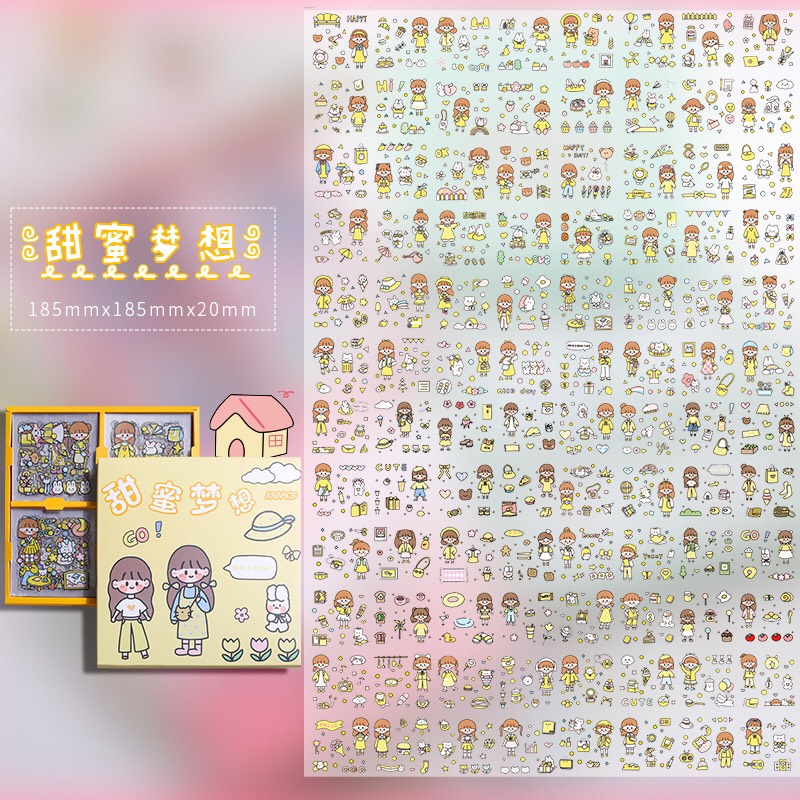 Z0745 Tách set full mẫu Hộp 100 tấm sticker PET cắt sẵn chống nước cute nhiều màu