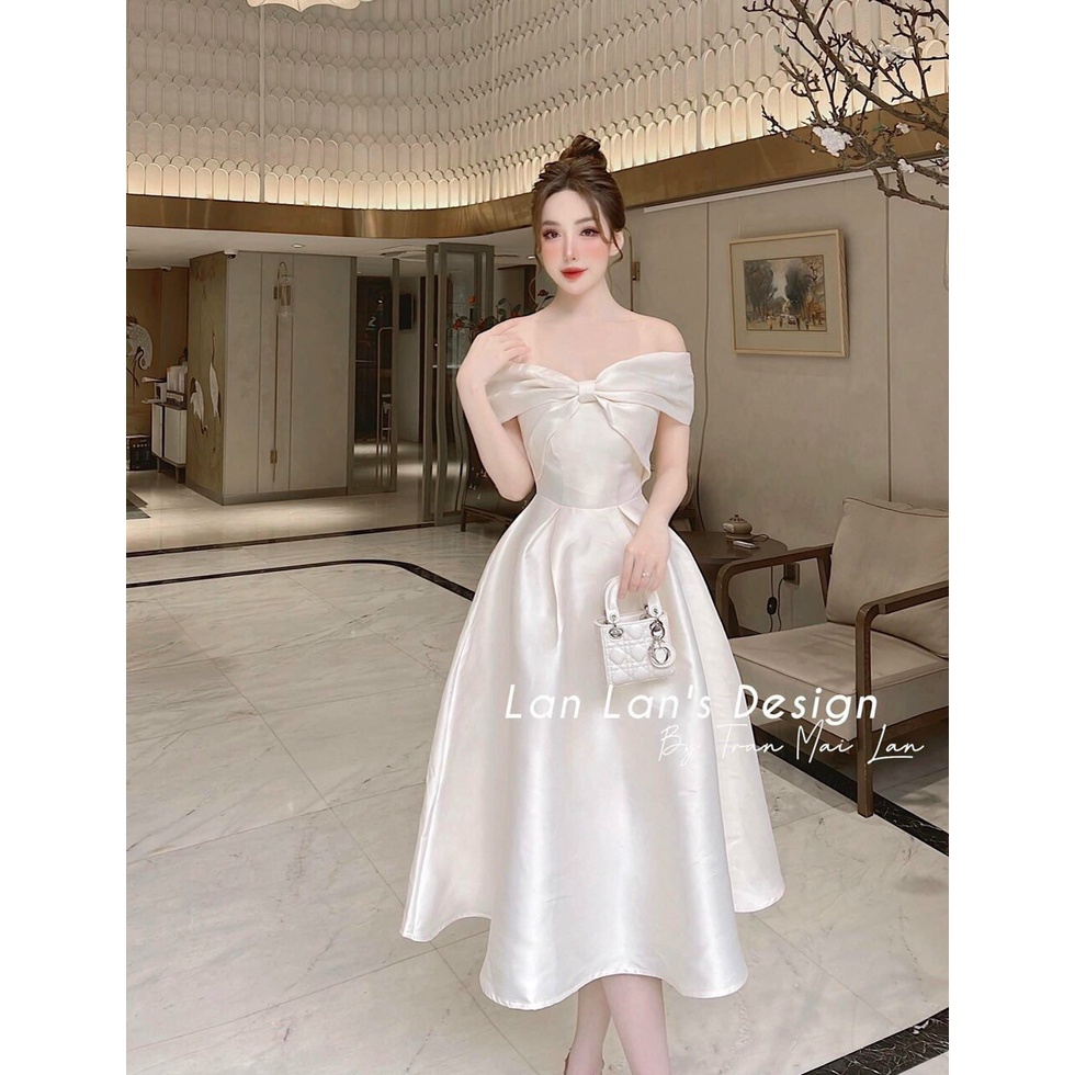 [8.8 Sales Freeship] Đầm nữ đi tiệc dáng dài, đầm midi trễ vai nơ ngực chất tapda thiết kế quyến rũ , sang chảnh