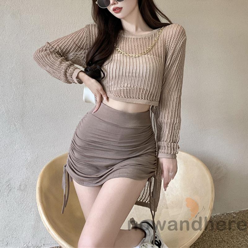 Áo Thun Dáng Rộng Tay Dài Viền Khoét Lỗ Màu Sắc Đơn Giản Thời Trang Cho Nữ