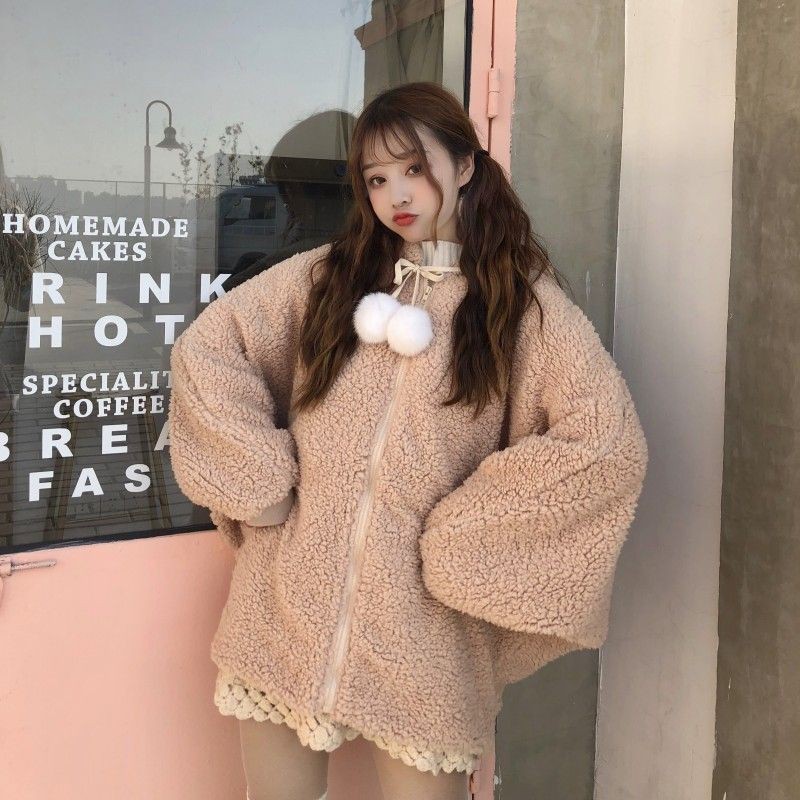 (ORDER) Áo Hoodie nữ mũ tai thỏ giả lông cừu siêu đáng yêu ấm áp Hàn Quốc - Có ảnh thật