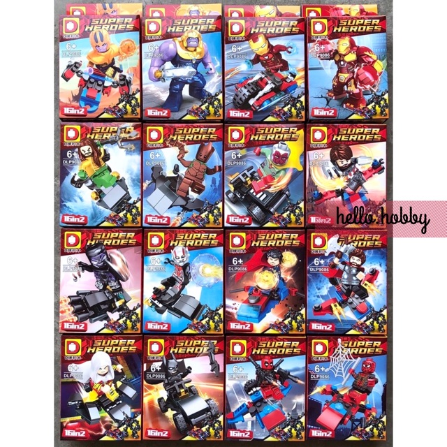 ✨✨ Set 16in2 Minifigure Siêu Anh Hùng Chiến Đấu DLP 9086  Iron man Batman Thanos Spiderman Groot Aqua man Dr Strange