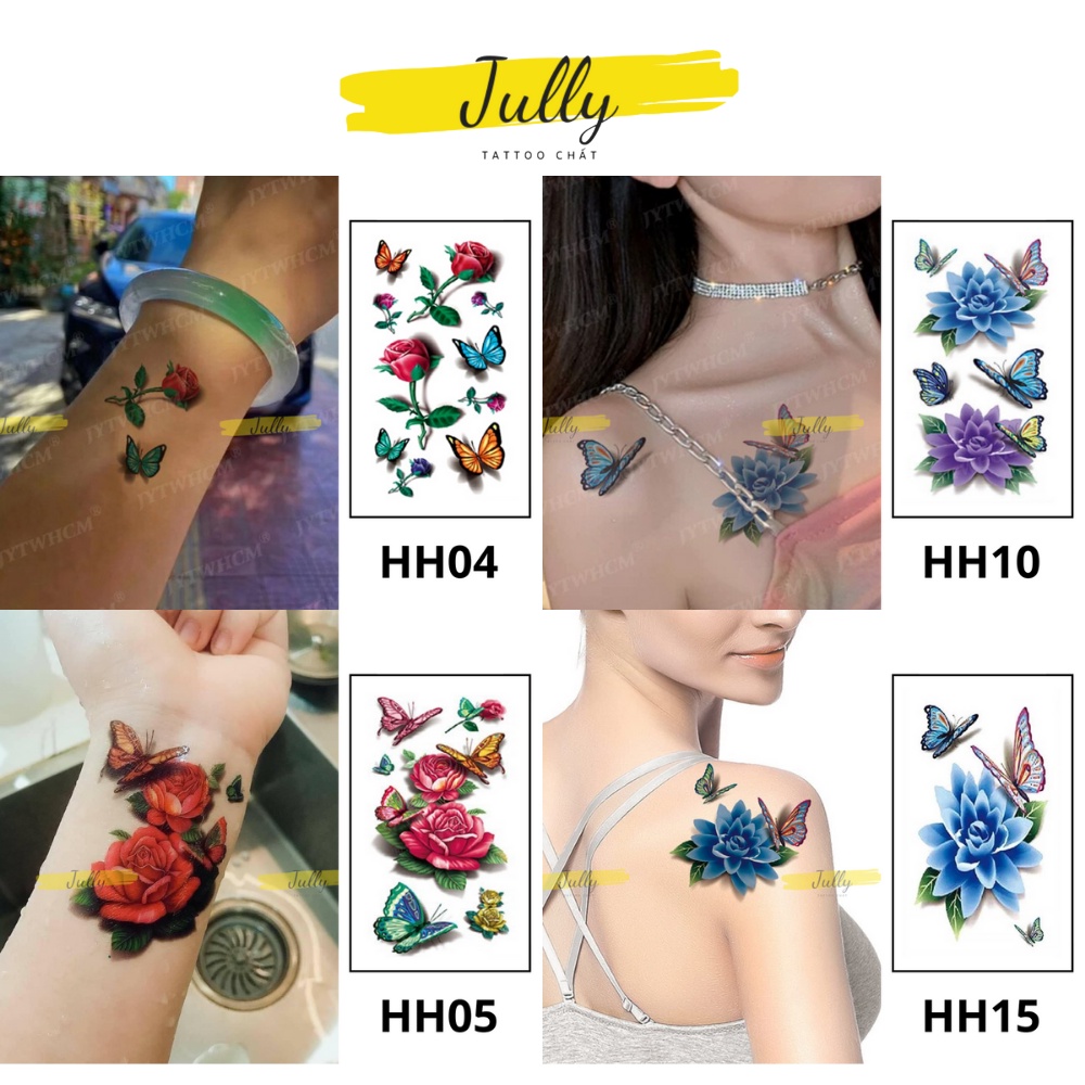 Hình xăm dán mini hoa hồng 3D, bướm, xăm tạm thời chống nước an toàn bền đẹp JULLY Tattoo chất