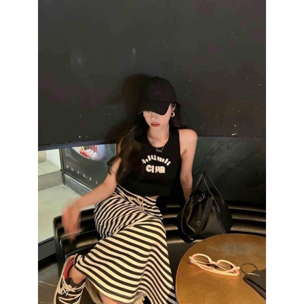 Sét len áo sát nách miu+ chân váy kẻ hàng QC