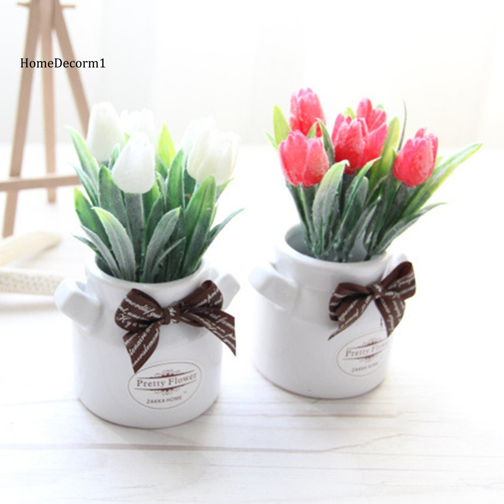 Bộ Chậu Hoa Tulip Nhân Tạo Kèm Nơ Trang Trí Độc Đáo