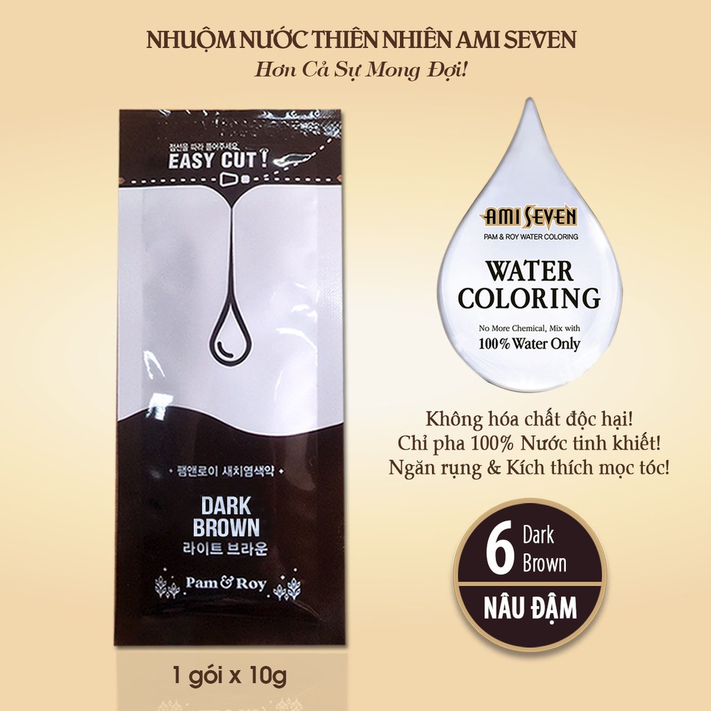 Nhuộm Nước Thiên Nhiên Ami Seven-REFILL #6 Dark Brown.CHỈ PHA 100% VỚI NƯỚC- dạng gói lẻ 10g-Không phụ kiện.