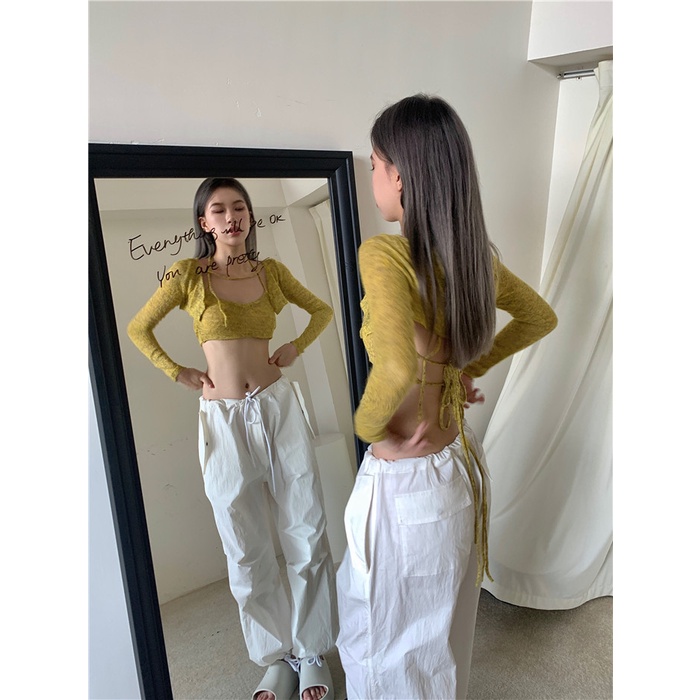 DUNEA Set Áo Hai Dây + Áo Khoác Cardigan Phong Cách Vintage Nữ Tính