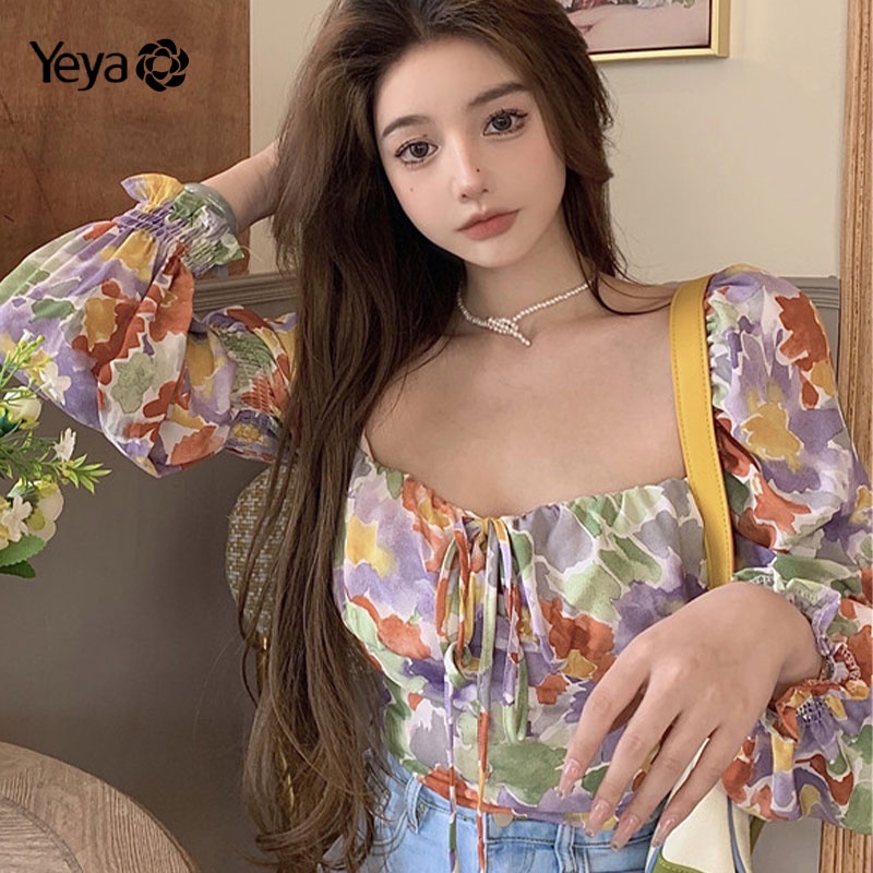 Áo kiểu YEYA hở vai in họa tiết thắt nơ đơn giản thời trang