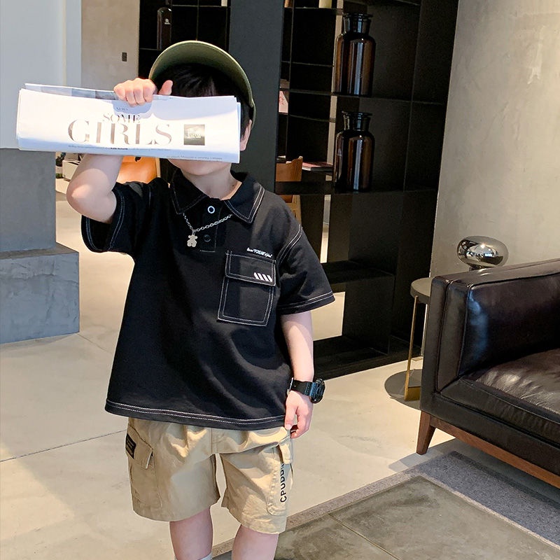 Set Đồ Thể Thao Mùa Hè Gồm Áo Thun Tay Cộc Có Cổ + Quần Bằng Cotton Trơn Phong Cách Phương Tây Cho Bé Trai