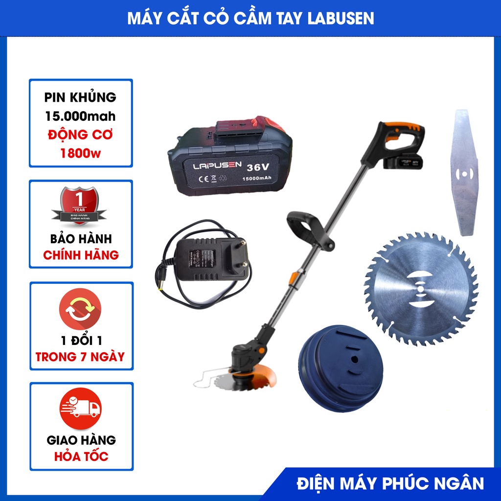Máy cắt cỏ chạy pin, máy cắt cỏ cầm tay Lapusen công suất 1800w. Tặng bộ 8 lưỡi cắt, bảo hành 12 tháng