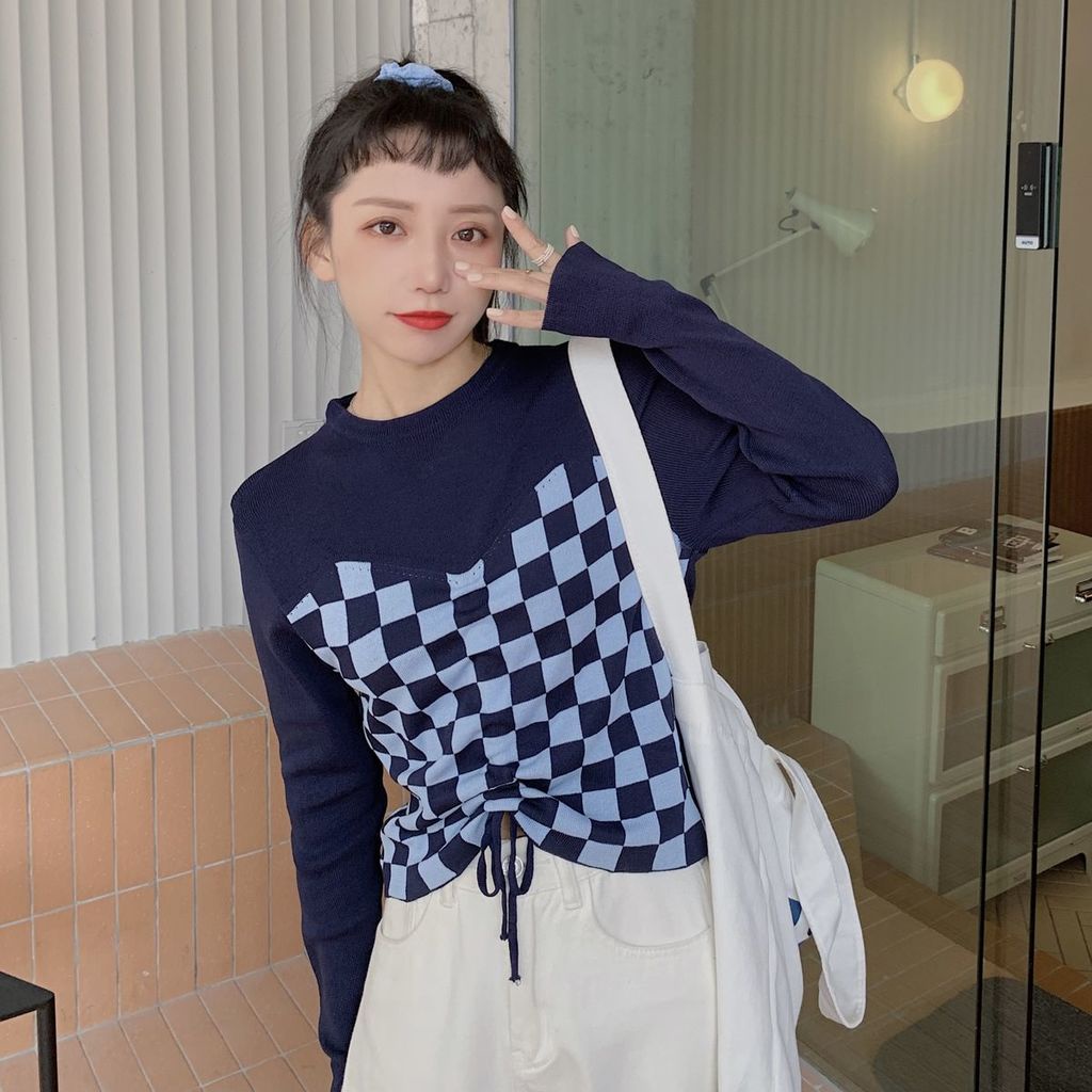 Áo thun tay dài giả hai lớp phối dây rút trước ngực họa tiết caro thời trang cho nữ