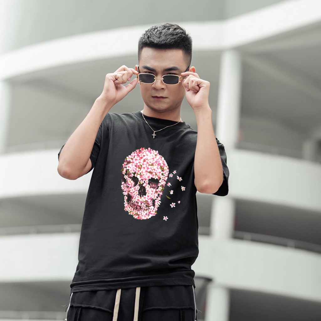 Áo phông unisex tay lỡ Hello , Áo thun form rộng in hình Đầu Lâu Hoa Đào vải co giãn 2 chiều thấm hút mồ hôi ATL047