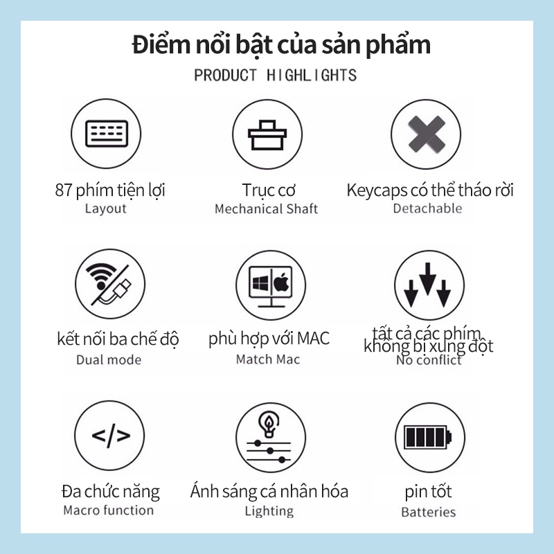 Bàn phím cơ bluetooth không dây  87 phím ba chế độ phối màu đa năng thời gian pin dài kết nối được với nhiều thiết bị