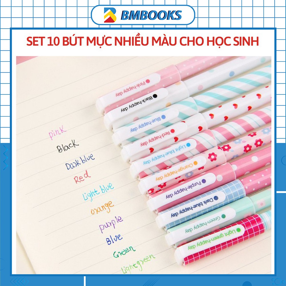 Bút bi nước gel nhiều màu sắc dễ thương phiên bản hàn Quốc hộp 10 chiếc đủ màu giao ngẫu nhiên BMBooks