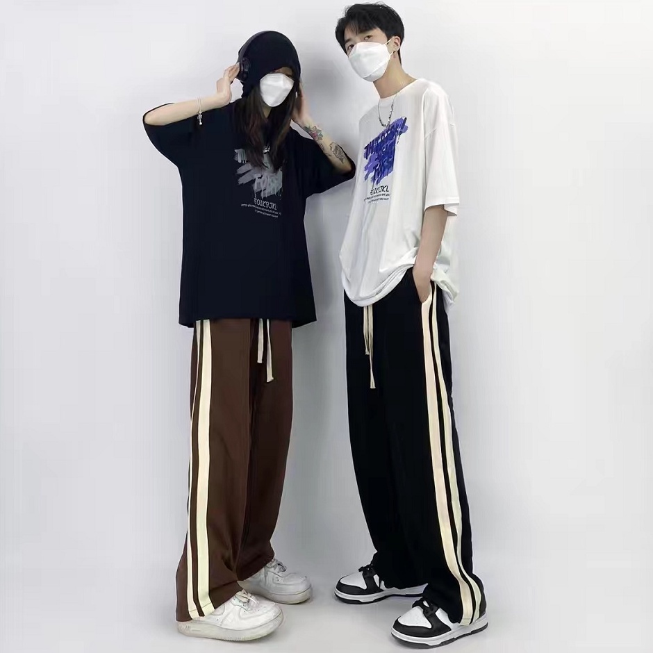 quần ống rộng nam Quần Thể Thao Ống Rộng Lưng Cao Họa Tiết Kẻ Sọc Phong Cách Hàn Quốc Thời Trang Cho Nữ