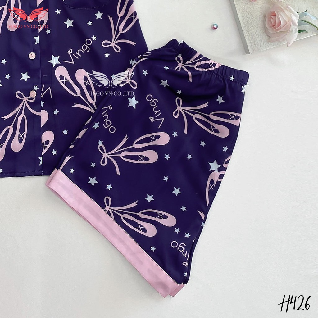 VINGO Bộ Pyjama Mặc Nhà Nữ Lụa Pháp Cao Cấp Tay Cộc Quần Cộc Họa Tiết Phối Chữ Trẻ Trung H426 VNGO - TCQC | WebRaoVat - webraovat.net.vn