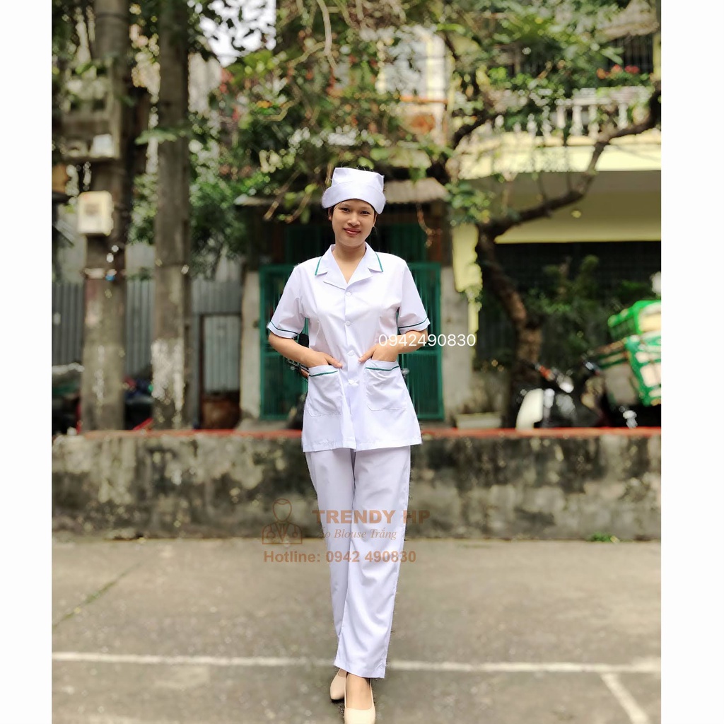 Bộ quần áo blouse trắng dáng ngắn viền Xanh Lá nam nữ cộc tay, dài tay cho dược sỹ, y tá, điều dưỡng, thẩm mỹ viện