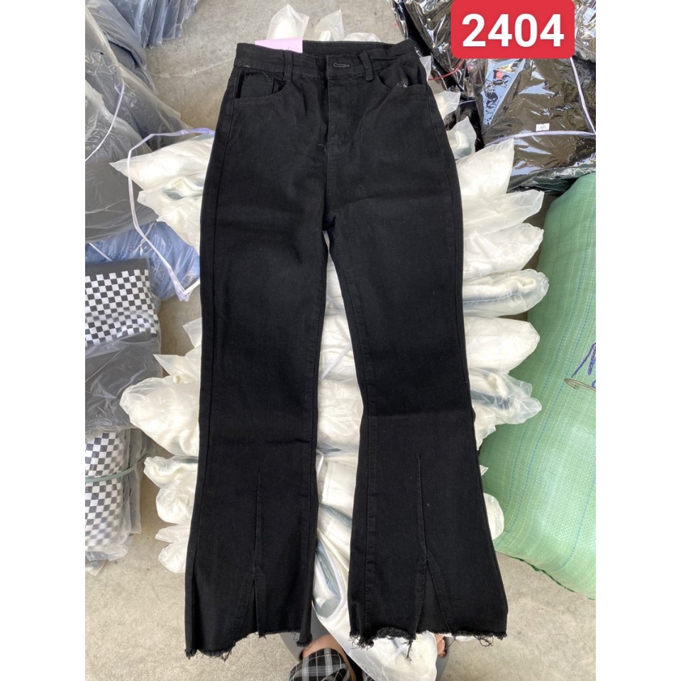 Quần jean bò ống loe đen xẻ gấu cạp cao hách dáng chất jeans co giãn thoải mái gấu tua cá tính phong cách hàn quốc