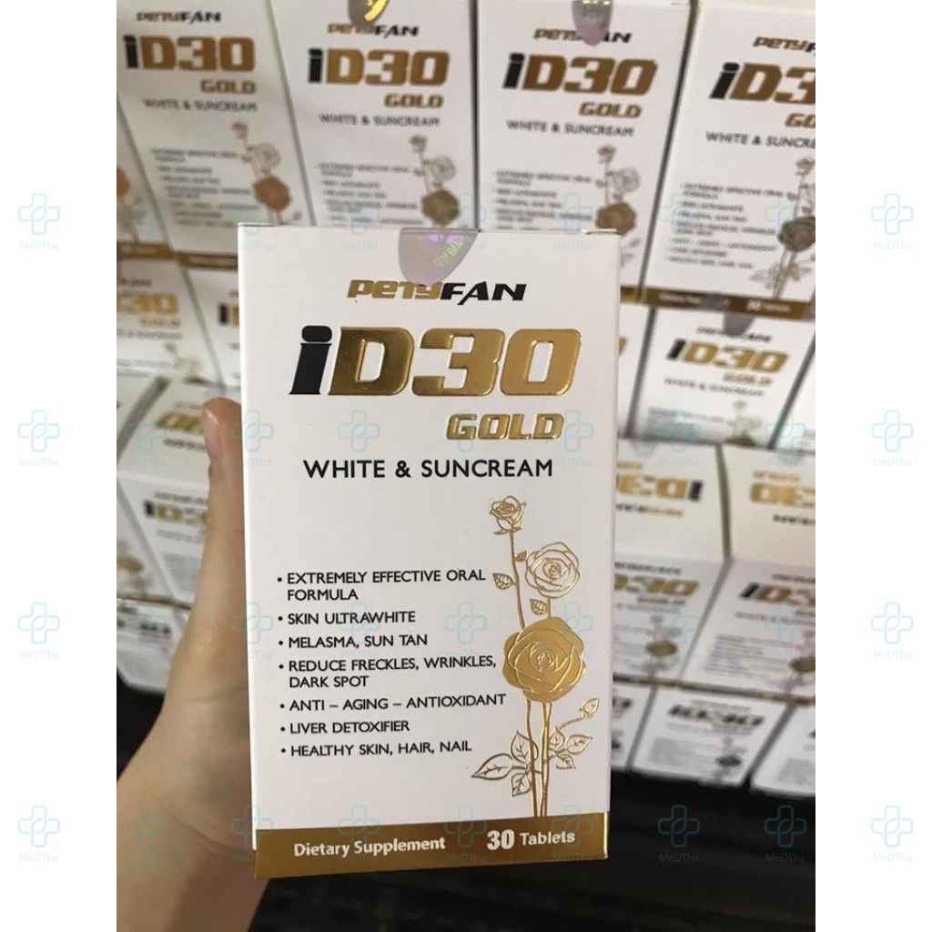 Viên uống trắng sáng da PETYFAN ID30 Gold White &amp; Suncream - Glutathione, Đẹp Da, Trắng Da (Lọ 30 Viên) [Chính Hãng]