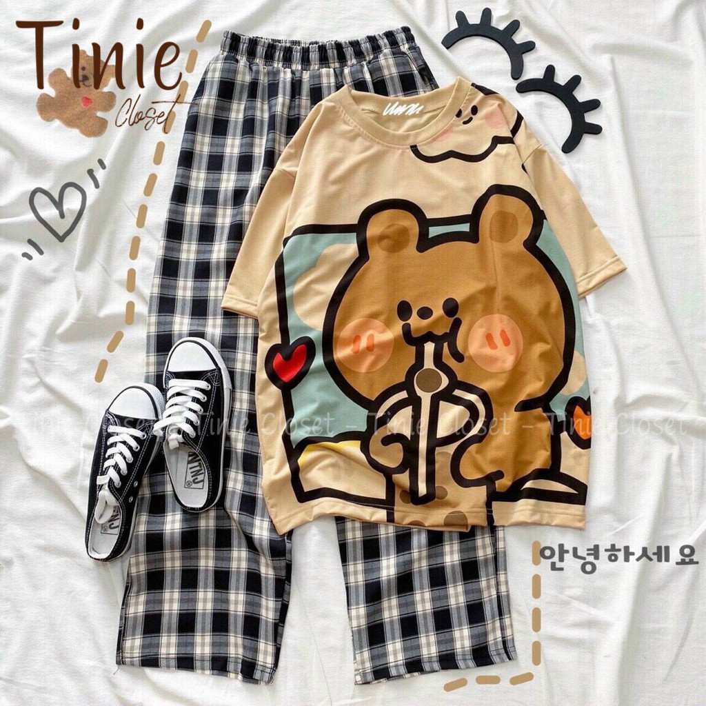 Đồ bộ quần dài caro vải kate ống rộng , set bộ hoạt hình form rộng  freesize Unisex Tinie Closet BST2