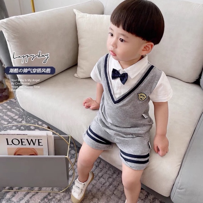 Đồ bộ bé trai, Set công tử thun cotton áo kiểu gilê ngắn tay cổ vest và quần short 2 vạch ngang size 7-18 kg, SUN KID'S
