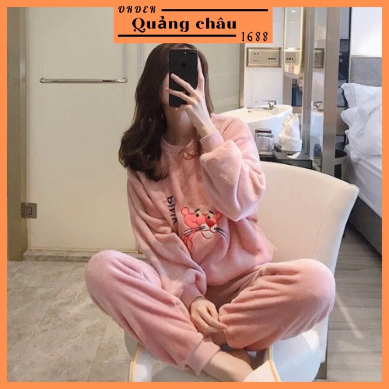 Bộ mặc nhà nữ,bộ nỉ lông thêu gấu dài tay mùa đông siêu ấm