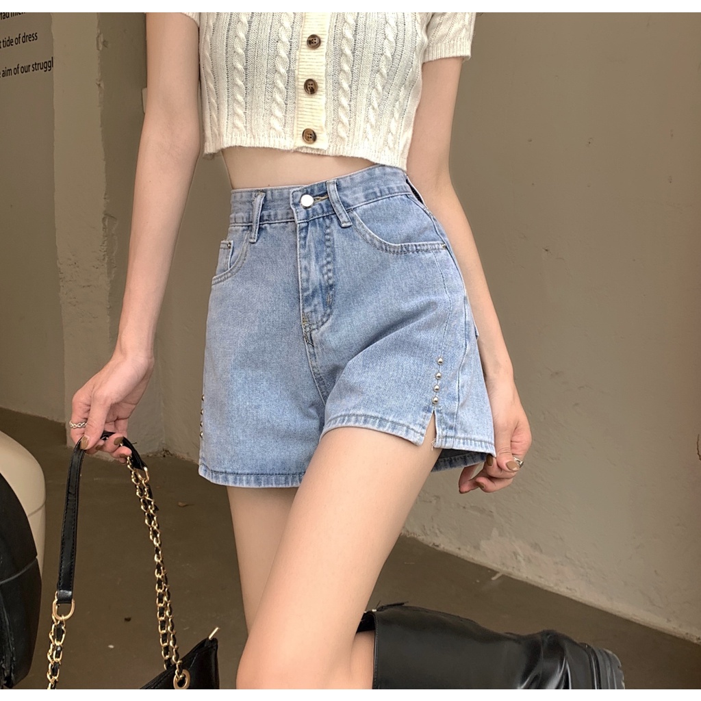 Quần short denim Xiaozhainv lưng cao ống rộng xẻ tà thời trang mùa hè cho nữ
