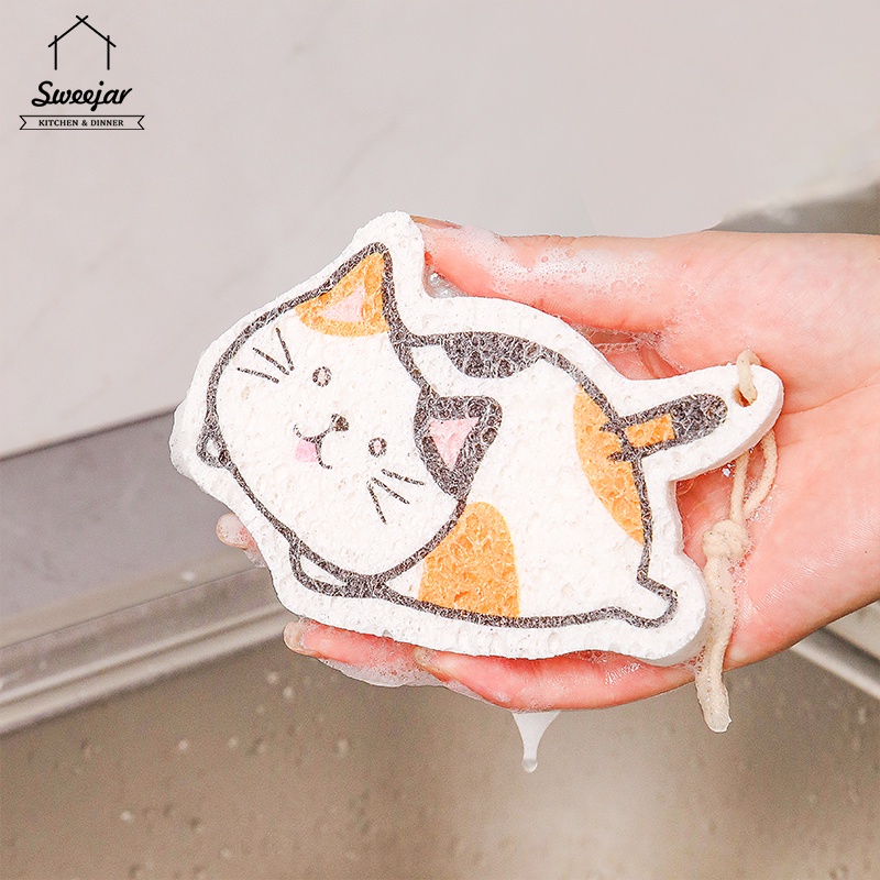 Sweejar 1 Bọt Biển Rửa Chén Hình Mèo Hoạt Hình Dễ Thương