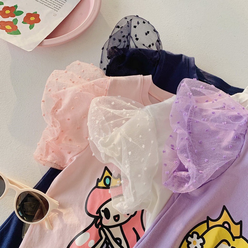 Áo Thun Cotton Tay Phồng In Họa Tiết Hoạt Hình Dành Cho Bé Gái