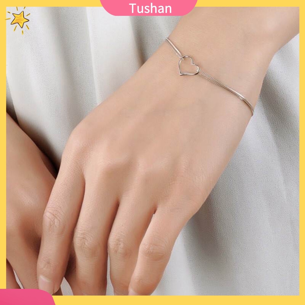 TUSH_Fashion Women Double Layer Chain Hollow Heart Charm Bracelet Bangle Jewelry