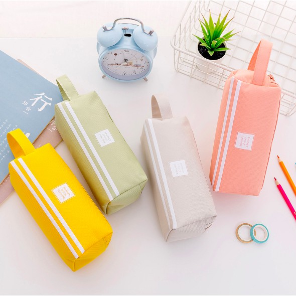 Hộp bút 2 ngăn khóa zip vải bố canvas màu pastel