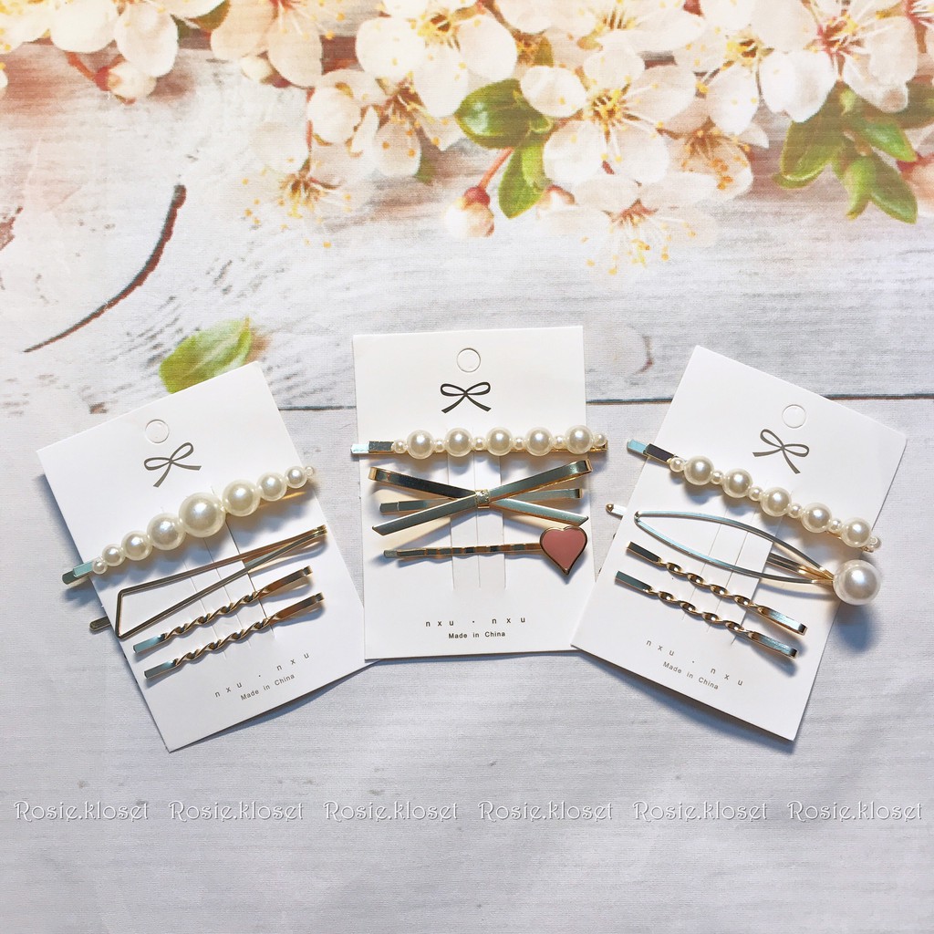 Set kẹp tóc 4 món mạ vàng hạt trai Hàn Quốc thời trang cho nữ SET kẹp tóc hàn quốc