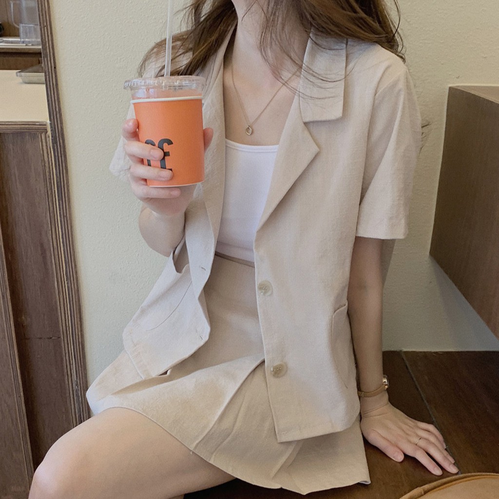 Bộ Áo Khoác Suit + Chân Váy Chữ A Lưng Cao Xinh Xắn Theo Phong Cách Hàn Quốc 43687