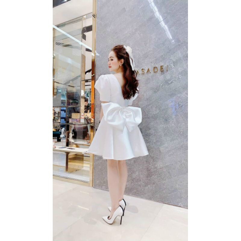 Đầm Xòe Tay Phồng Nơ Lưng Dễ Thương