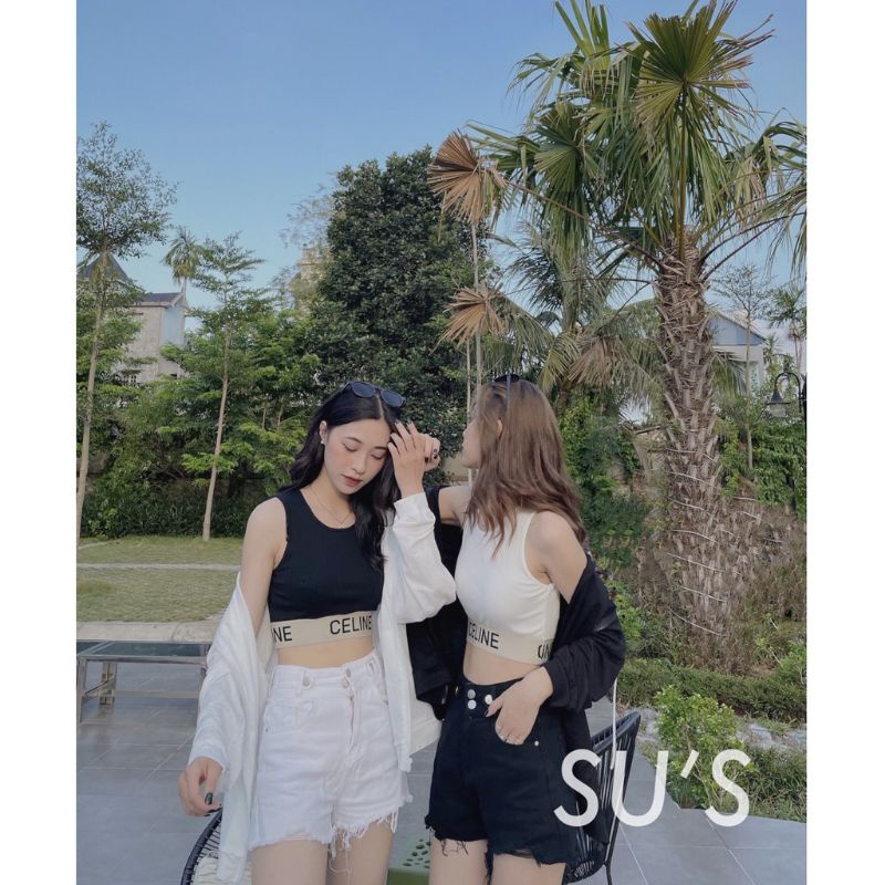 Áo croptop sát nách ZARA thun cotton gân tăm thêu chữ ce.line trắng, đen, sọc