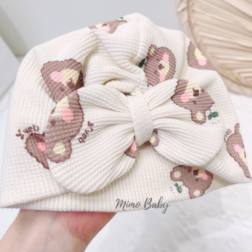 Mũ turban màu be họa tiết gấu má hồng dễ thương cho bé MTB148 Mimo Baby