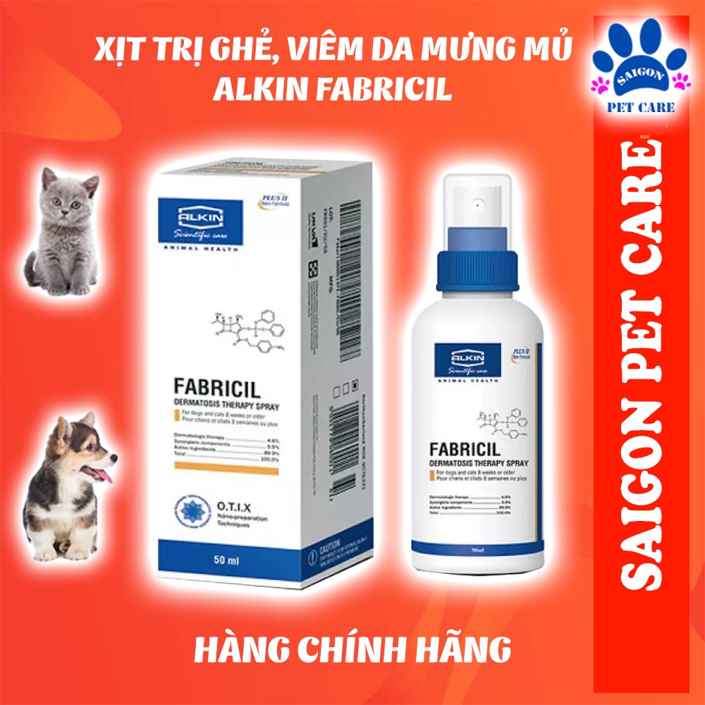 Thuốc xịt trị ghẻ, viêm da mưng mủ Alkin Fabricil cho chó mèo