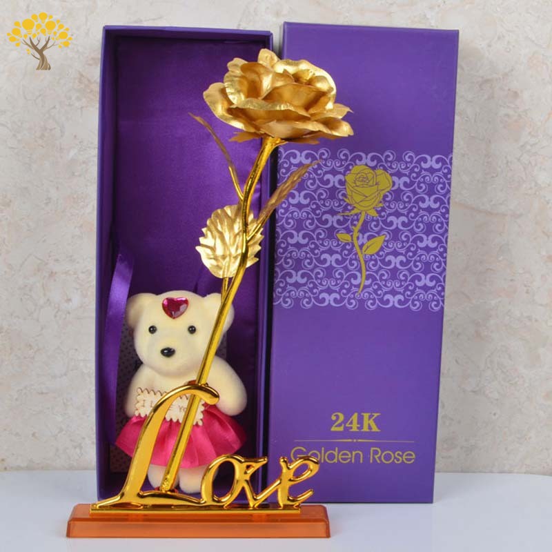 [Cheap] Gold Plated Rose with Love Base Bear Doll Kit Valentine Mother's Day Gift