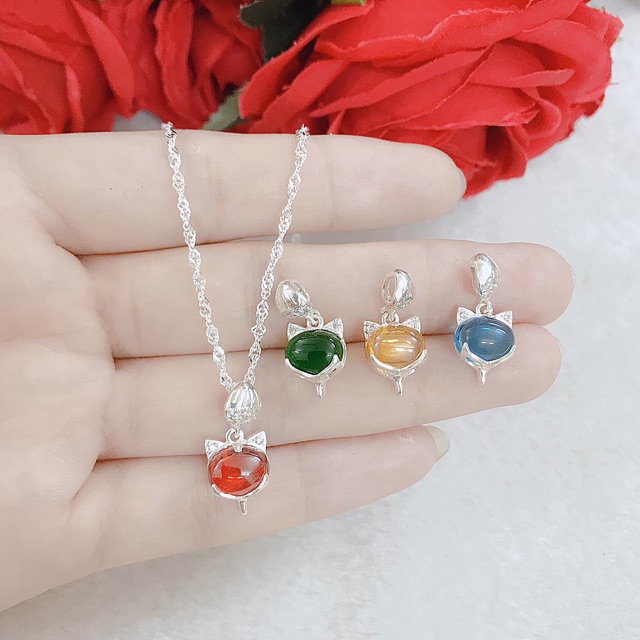Dây chuyền bạc mặt hồ ly đá màu phong thuỷ DC0381