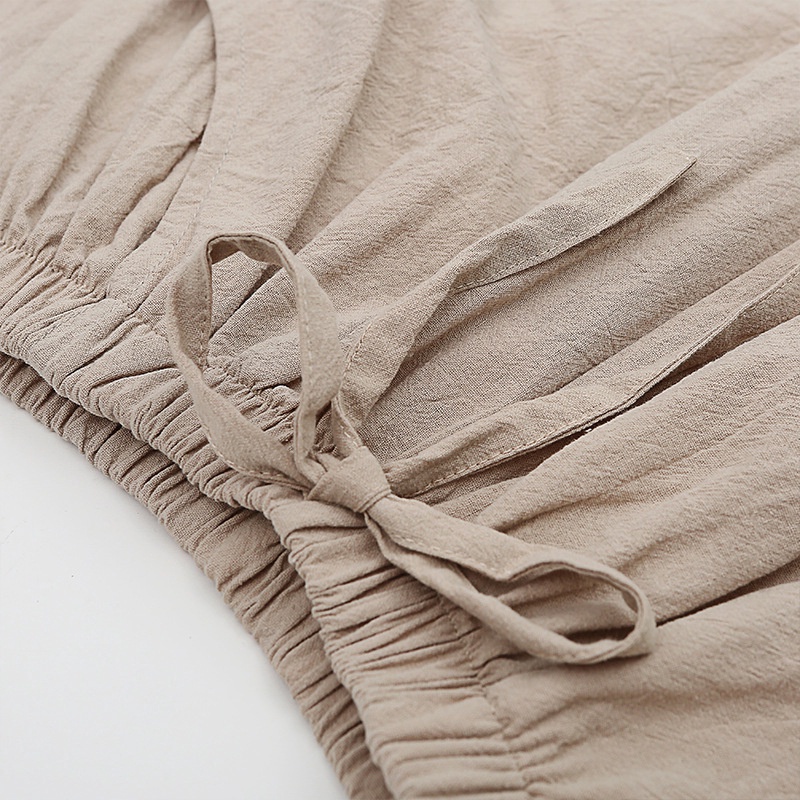 Quần short vải lanh cotton lưng cao ống rộng cho nữ