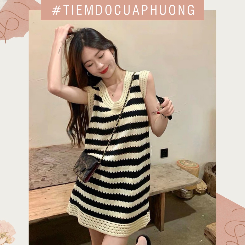 Váy/ Đầm ba lỗ len mỏng kẻ sọc ngang ulzzang phong cách Hàn Quốc